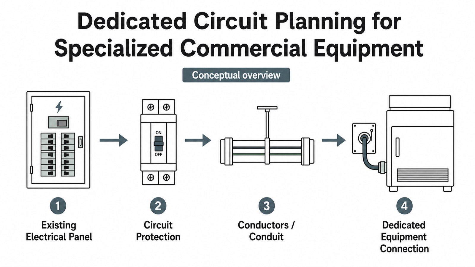 Conceptual diagram showing an electrical panel, circuit protection, conduit and conductors, and a dedicated commercial equipment connection.
