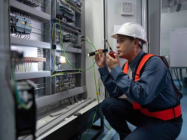 Professional commercial electrician upgrading lighting systems in retail property interior
